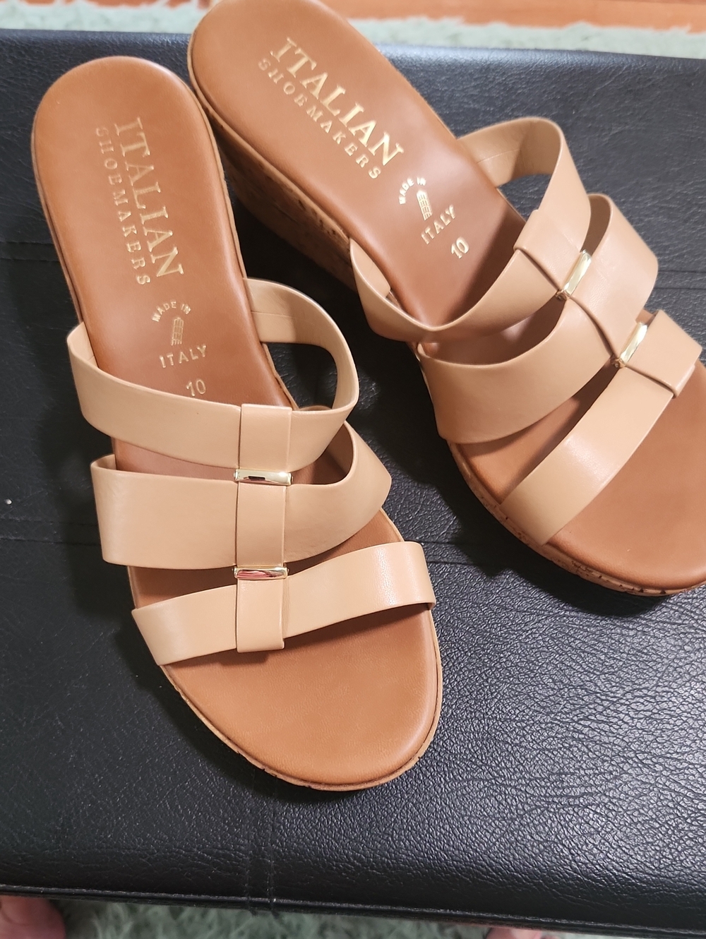 Italian Shoemakers Tan Triple-Strap Slide Mules with Gold Accents
